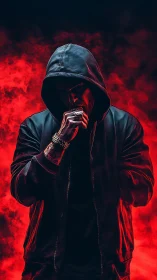 Hooded figure stands in vivid red smoke, radiating dark intensity