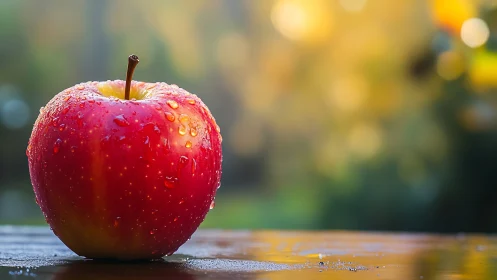 Ripe red apple rests in dewy light against soft bokeh glow