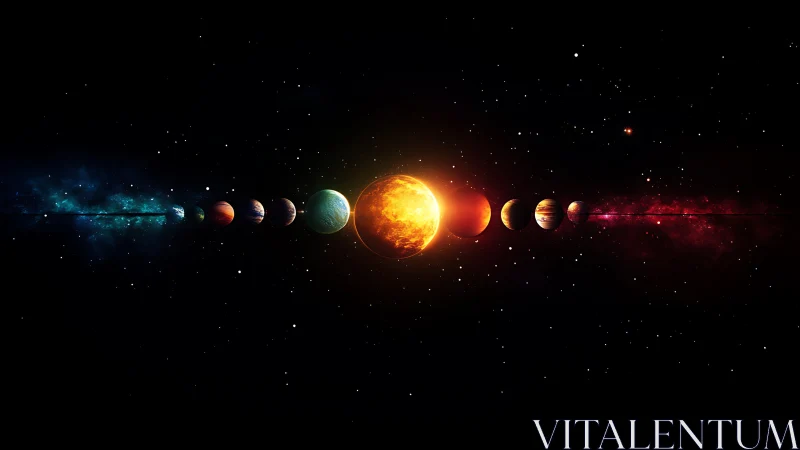 Solar system alignment with radiant central star glow.