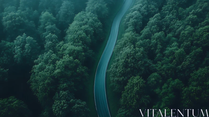 Winding Road Through Dense Green Forest in Atmospheric Aerial View.