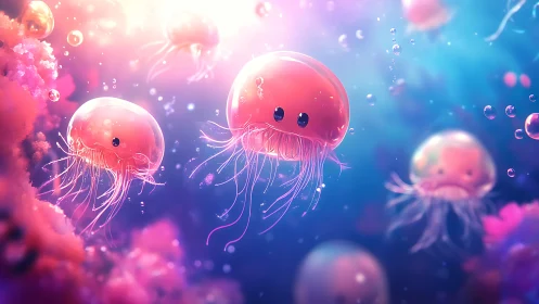 Gentle jellyfish drift through glowing candy colored waves.