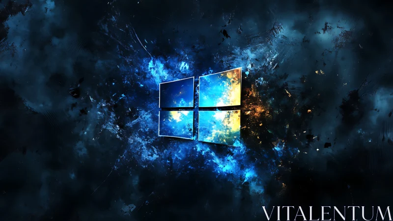 Shattered neon window emblem in cosmic energy burst.