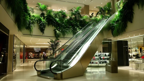 Vertical garden escalator lifts glow within a luxury mall