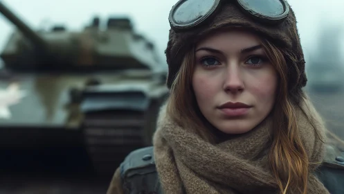 Young tank crewwoman in cold wartime landscape portrait.