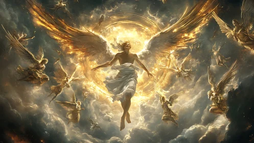Radiant archangel ascends amid golden light and storm clouds