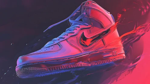 Digital sneaker closeup in neon pink and blue motion blur.