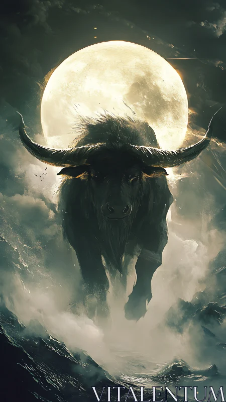 Bull silhouette advances before a full moon in dense fog