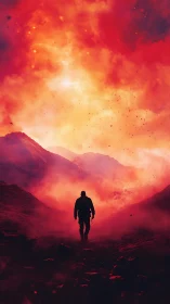 Solitary figure stands silhouetted against explosive volcanic eruption.