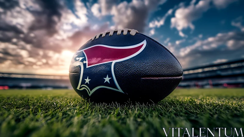 Photorealistic gridiron football close-up under stadium sunset.