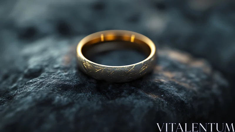 Gold ring with textured band lies on rough dark stone