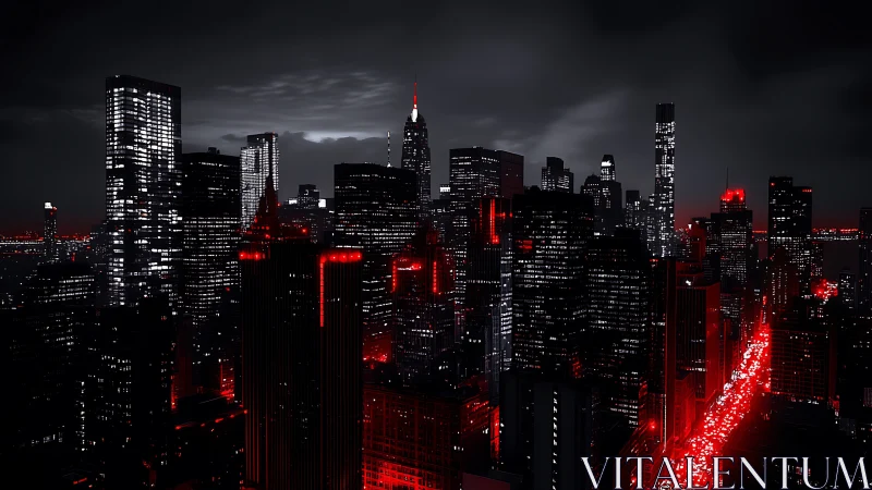 Urban skyline at night employs red accent lighting and contrast