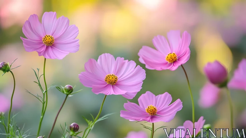 Pink cosmos flowers with golden centers in soft-focus garden setting.