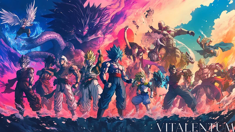 Cosmic warriors clash in a neon storm of roaring power.