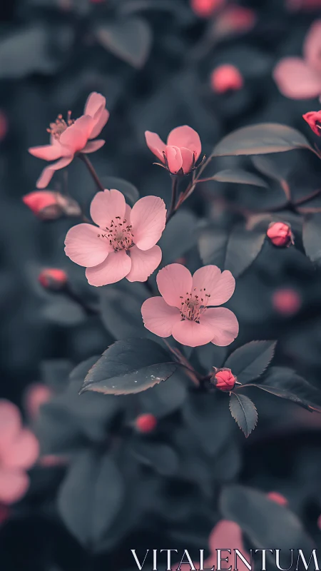 Delicate Pink Blossoms Against Desaturated Foliage.