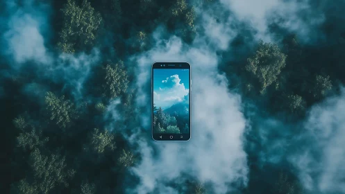 Cloud-kissed smartphone portal hovering over misty forest.
