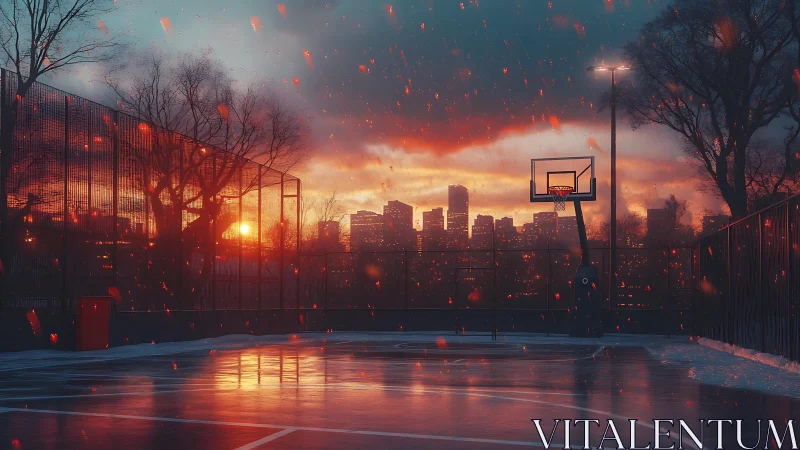 Urban basketball court glows under ember-lit winter sunset.