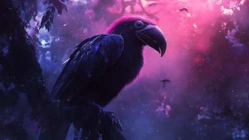 Neon dusk raven roosting inside a violet cosmic haze.