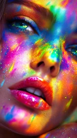 Chromatic close-up portrait with neon iridescent face pigments.