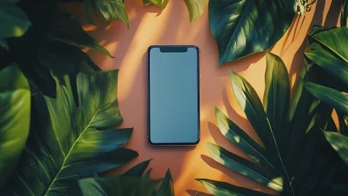 Smartphone with Blue Screen Surrounded by Green Plants.