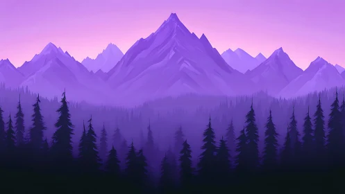 Layered purple mountains and conifer forest silhouette landscape.