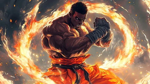 Fiery martial artist embracing power and focused strength.