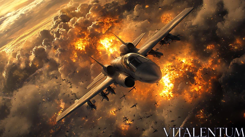 Futuristic strike jet dives through incendiary cloud battlefield