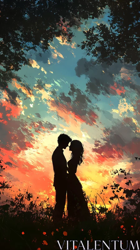 Couple Silhouette at Sunset with Dramatic Sky.
