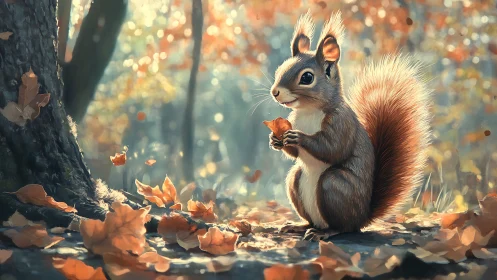 Squirrel holding leaf on forest floor amid autumn foliage.