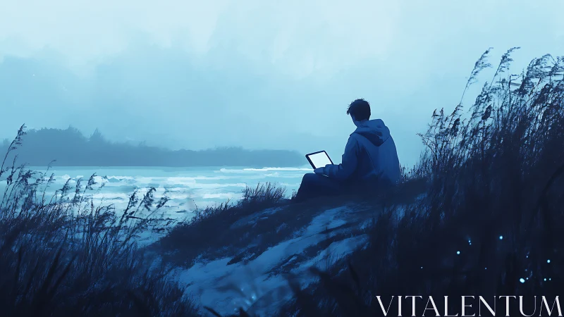 Solitary digital nomad on winter shoreline in cyan haze.