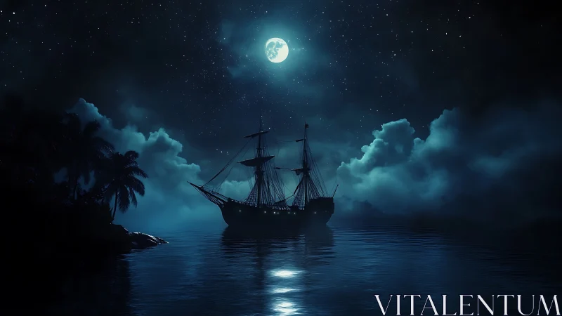 Moonlit pirate ship drifts across misty tropical cove