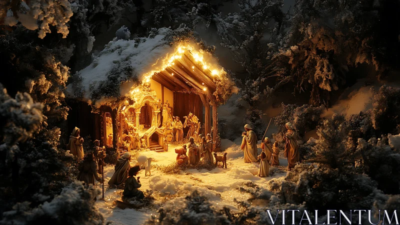 Illuminated nativity scene glows in a tranquil snowy forest.