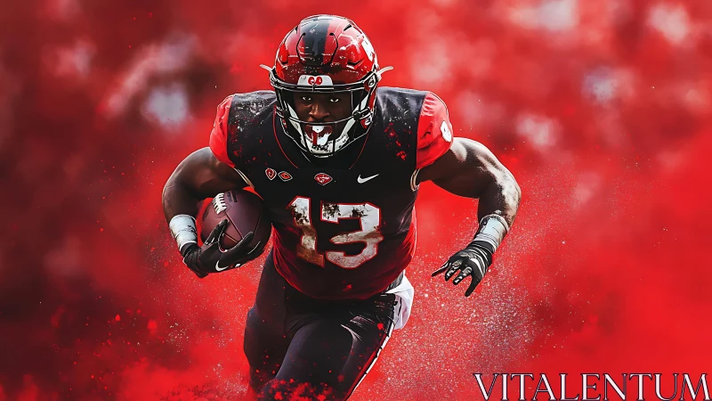 Football running back sprints through vivid red field storm.