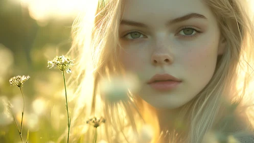 Sunlit meadow muse gazes through golden evening hush.