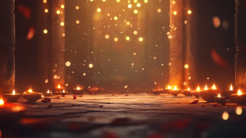 Clay oil lamps on stone floor with suspended light particles.