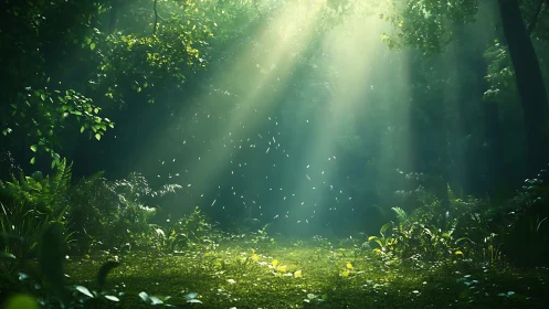 Forest Interior with Sunlight Beams and Floating Particles