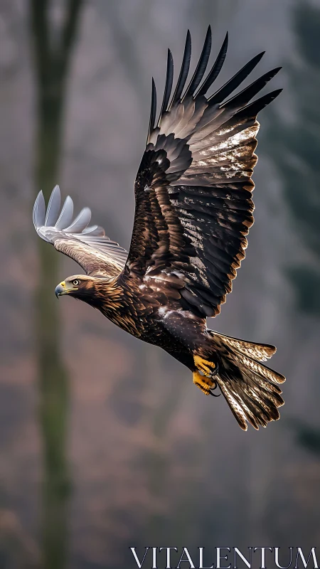 Golden eagle gliding gracefully through soft forest light.