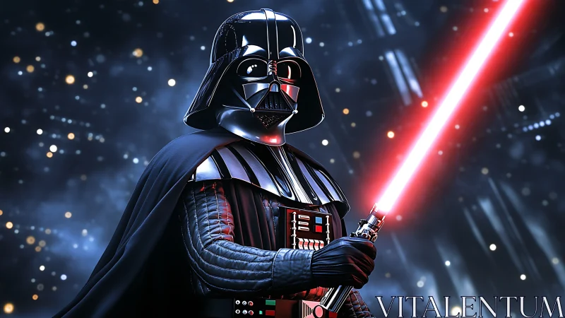 Armored sci fi figure with red energy sword in space scene.