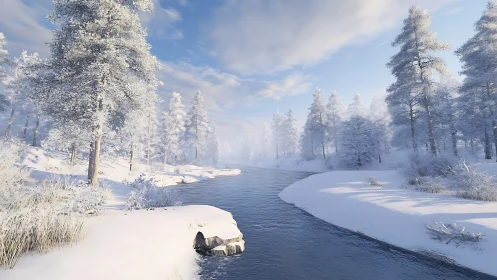 Snow covered river winding through quiet winter forest.