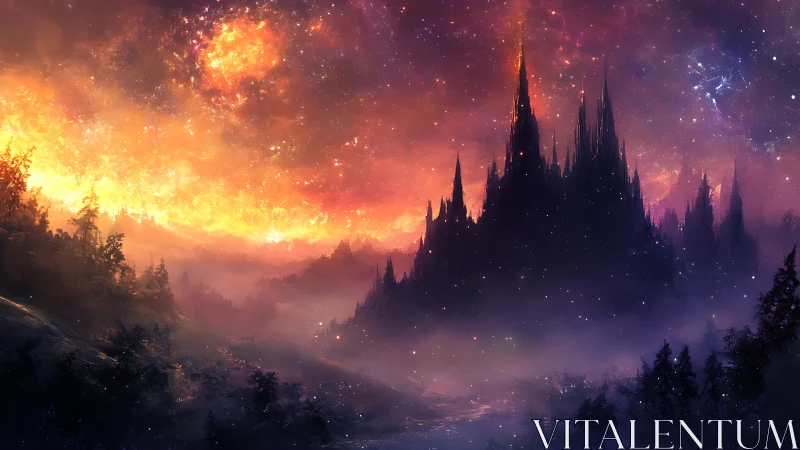 Crimson twilight castle rising through dreamy cosmic mist.