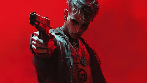 Gunman in crimson lighting with stylized urban portraiture.