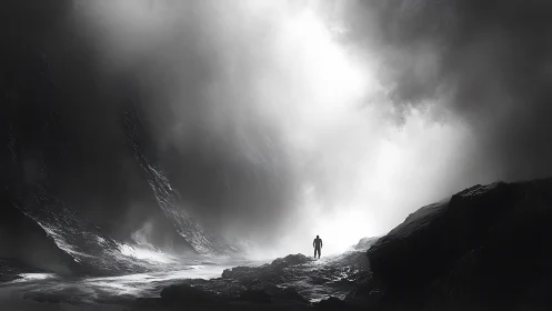 Solitary figure walks toward luminous abyssal light