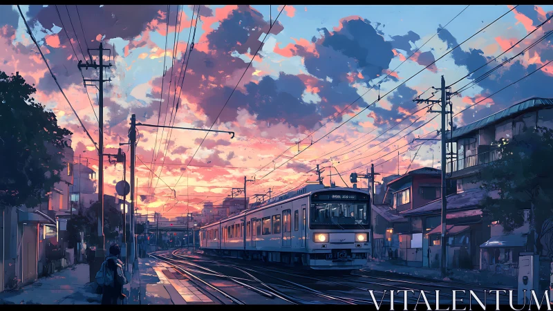 Soft evening train gliding through a quiet neighborhood street