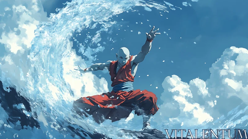 Monk-like figure manipulating ocean wave under clear sky.