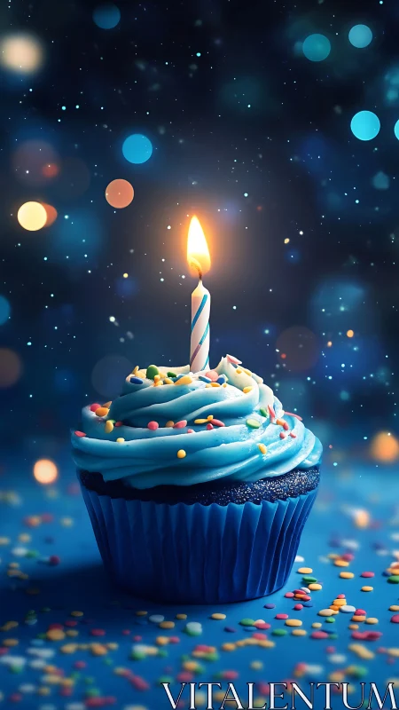 Birthday Cupcake with Lit Candle Against Magical Starry Background