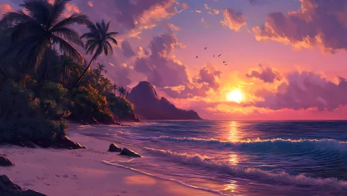 Tropical shoreline sunset with palm silhouettes and soft surf