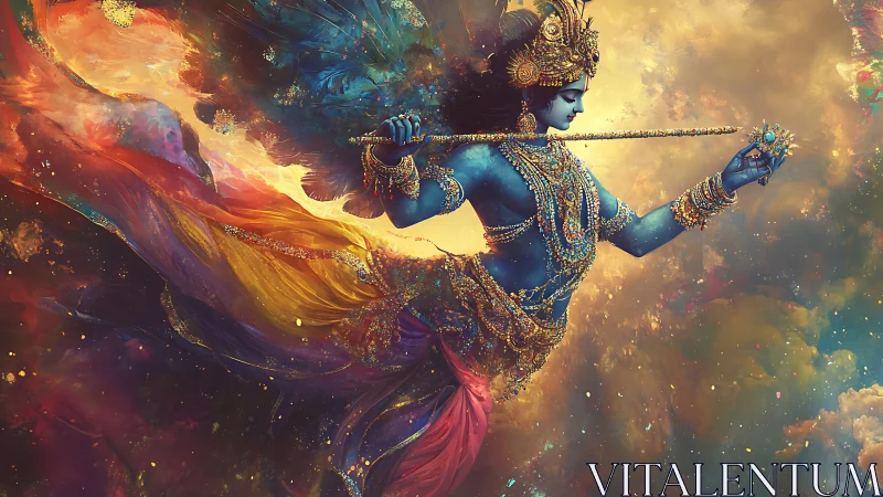 Divine blue figure with flute in swirling cosmic colors.