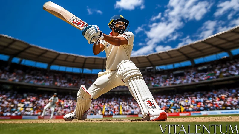 Cricket slayer in sunlit whites carving a thunderous drive.