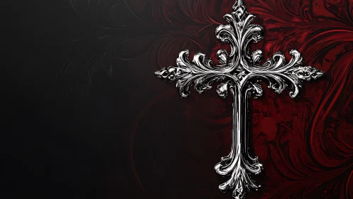 Baroque silver cruciform emblem on dark red ornamental field