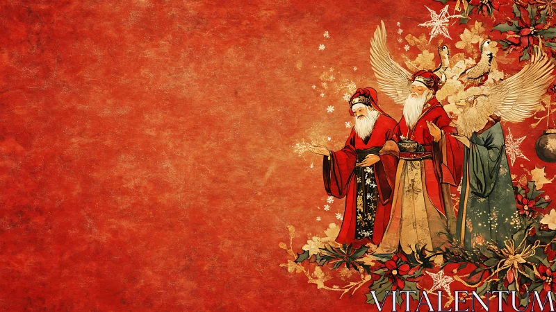 Three robed elders stand on ornate red textured background