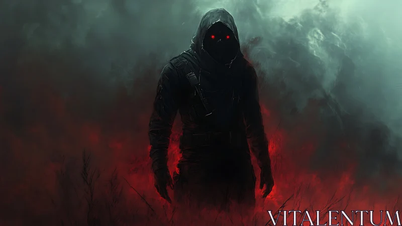 Hooded wraith with red eyes emerges from burning fog